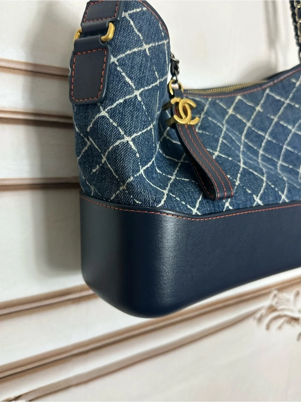 CHANEL Denim Quilted Shoulder Bag with Gold CC Charm